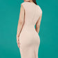 Model wearing Diva Catwalk Lydia Classic Sleeveless Bodycon Pencil Dress rounded neckline with slit in Almond Mousse back