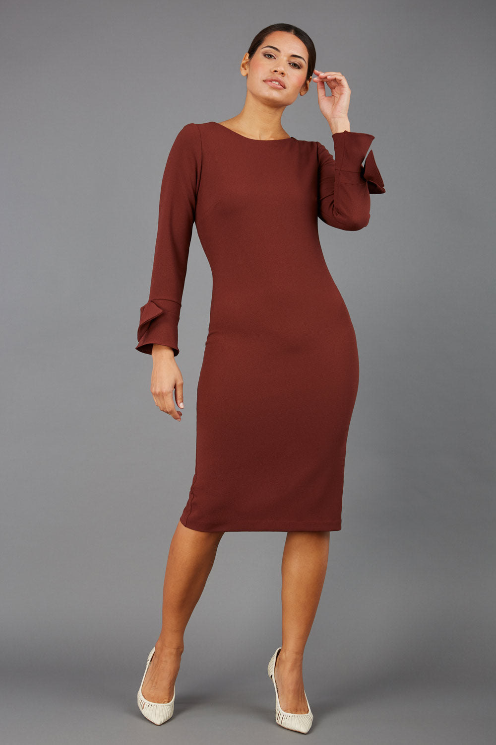 fitted lace wedding dress Alma Long Sleeve Pencil Dress – Elegant Stretch Ripple Crepe