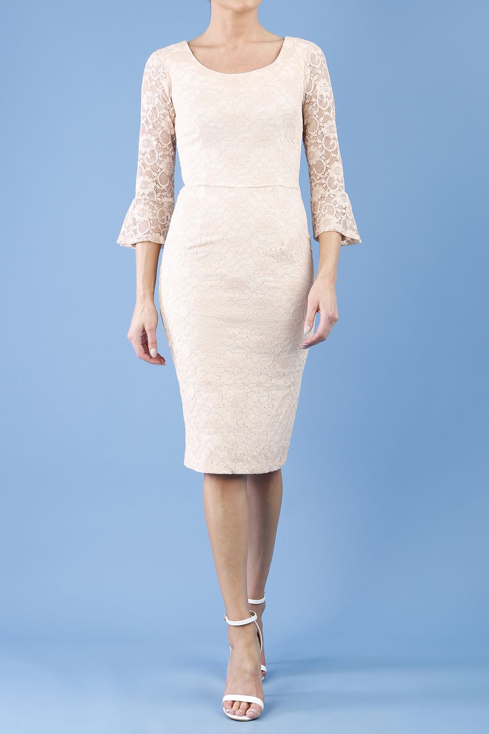 cream lace pencil dress Draped Lace Pencil Dress