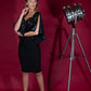 blonde model is wearing diva catwalk premiere pencil vintage sperkly dress with sleeves and empire waist in black front