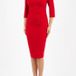 A model is wearing a three quarter sleeve pencil dress with a round neckline and bow detail at the front in red
