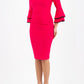 blonde model wearing diva catwalk tina pencil skirt dress with rounded neckline and flute sleeve in yarrow pink front