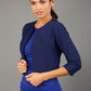 brunette model wearing diva catwalk navy sleeved bolero over a royal blue pencil dress front