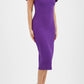 brunette model wearing diva catwalk juilet midaxi pencil sleeveless off shoulder dress with open neck and folded collar in colour passion purple front