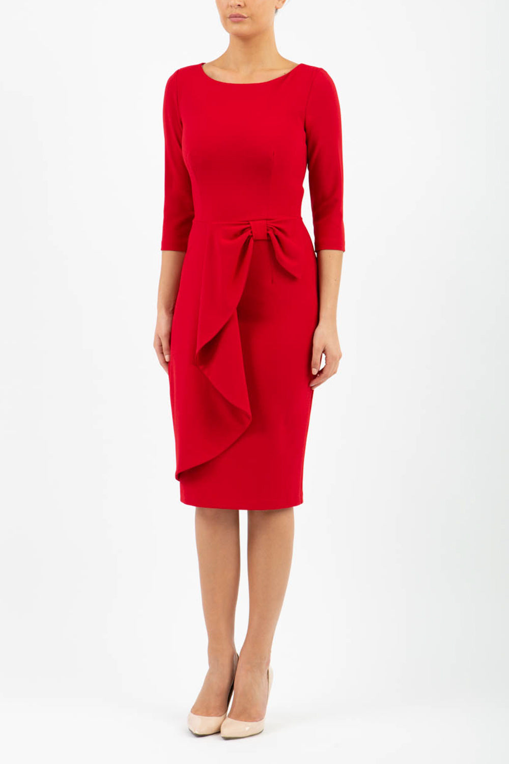 model is wearing diva catwalk jacky dress with rounded neckline 3/4 sleeve and bow detail on the waist in scarlet red front 