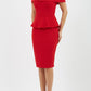blonde model wearing diva catwalk peplum pencil skirt dress in scarlet red colour off shoulder bardot neckline front