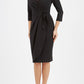 model wearing diva catwalk elan elegant black dress with 3 4 sleeves with a tie detail and asymmetrical closing front