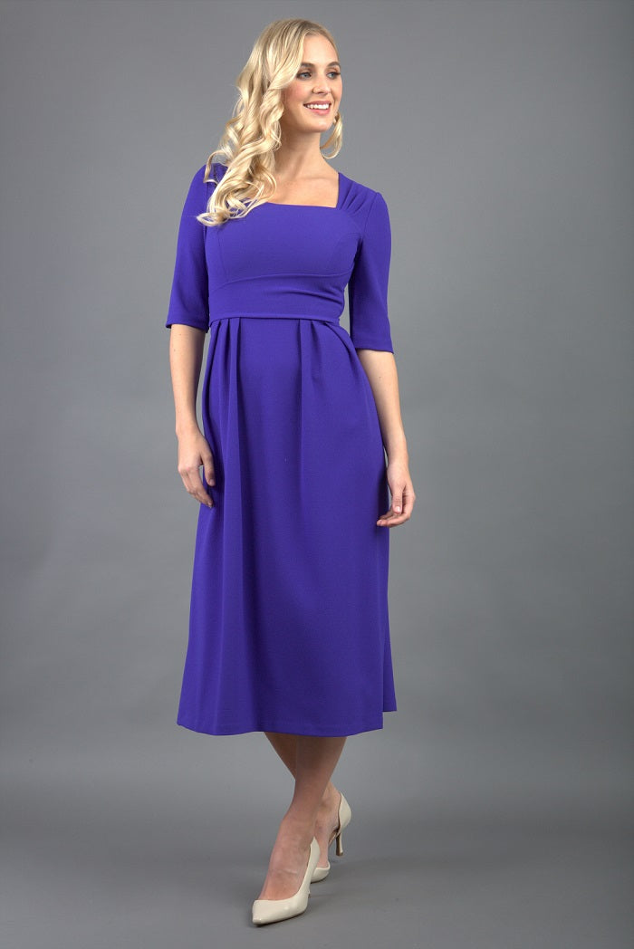 model is wearing diva catwalk mimi maxi sleeved dress with square neckline in spectrum indigo  front
