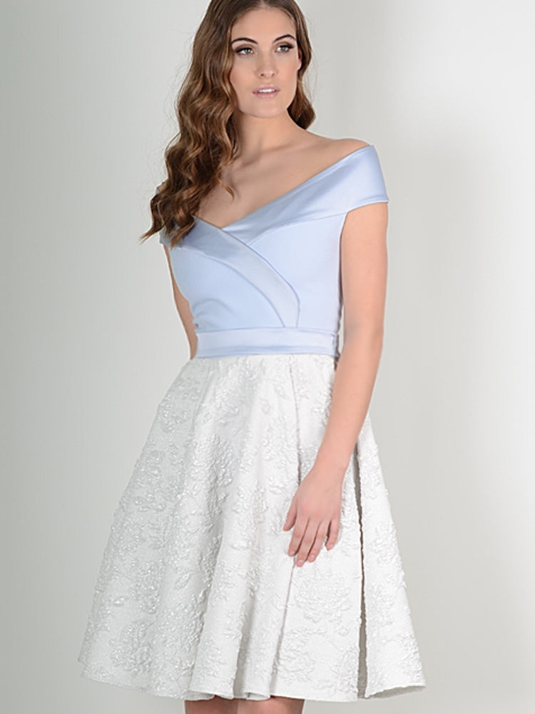 HYBRID JEAN OFF SHOULDER WRAP DRESS 