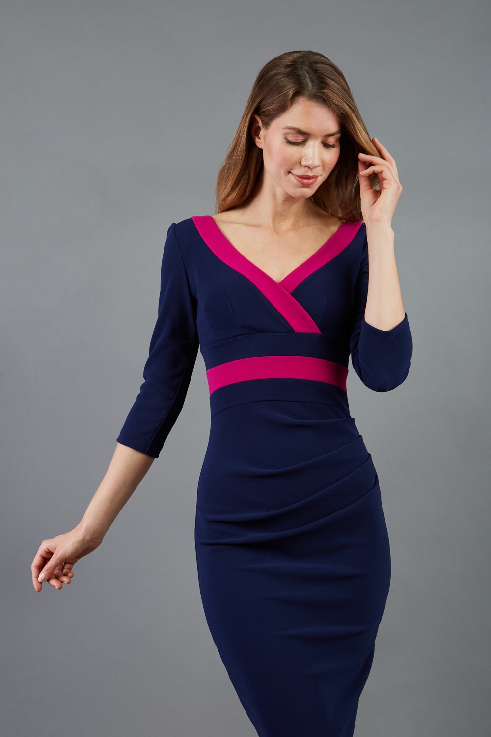 Jemima Colour Block Dress V-Neck Pencil Fit with Pleated Waist Jemima Colour Block Dress V-Neck Pencil Fit with Pleated Waist
