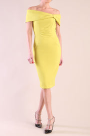 model is wearing diva catwalk mariposa pencil dress with Detailed Bardot neckline with fold-over detail and pleated at waist area in citrus green front