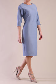 Model wearing diva catwalk Fulham 3/4 Sleeved pencil skirt dress with round neck in Steel Blue