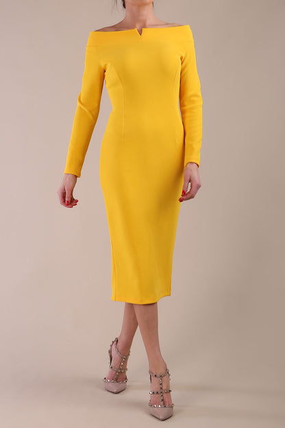 Model wearing DIVA Catwalk Faye Off Shoulder Long Sleeve Midi Pencil Dress in Sunshine Yellow colour front dress