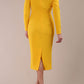 Model wearing DIVA Catwalk Faye Off Shoulder Long Sleeve Midi Pencil Dress in Sunshine Yellow colour back dress