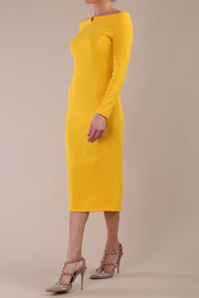 Model wearing DIVA Catwalk Faye Off Shoulder Long Sleeve Midi Pencil Dress in Sunshine Yellow colour front side 