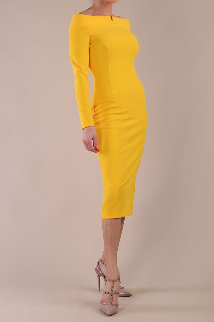 Model wearing DIVA Catwalk Faye Off Shoulder Long Sleeve Midi Pencil Dress in Sunshine Yellow colour front side
