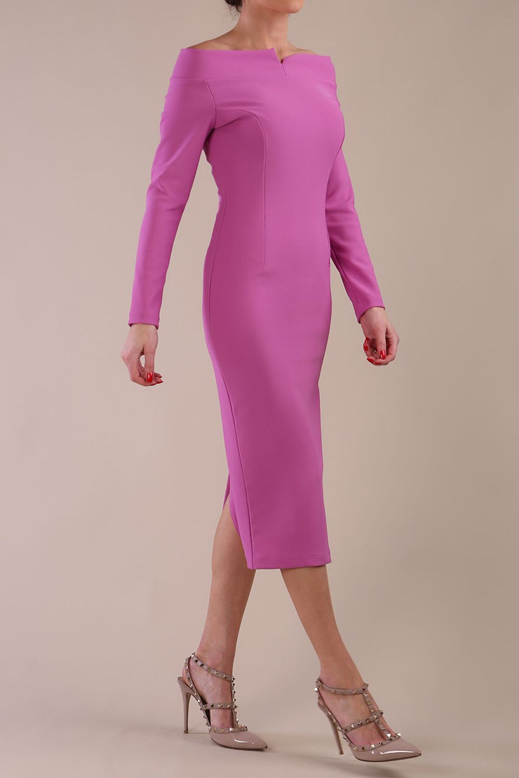 Model wearing DIVA Catwalk Faye Off Shoulder Long Sleeve Midi Pencil Dress in Rosebud Pink colour front side