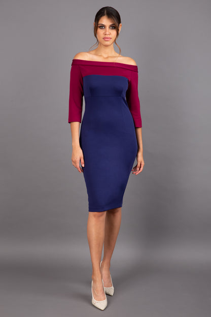 Leon Off Shoulder Contrast Pencil Dress 