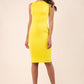 blonde model wearing diva catwalk plain pencil sleeveless dress in blazing yellow front