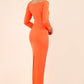 brunette model wearing diva catwalk maxi plain three quarter sleeve dress with pleating on shoulders and square neckline in hot coral back