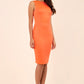 blonde model wearing diva catwalk plain pencil sleeveless dress in hot coral  front