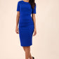 model is wearing diva catwalk camille short sleeve pencil dress with folded rounded neckline in cobalt blue front