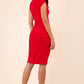 brunette model wearing diva catwalk beyonce pencil fitted dress with high neckline without sleeves with a wide band and pleating across the tummy area with a crossed detail neckline in scarlet red back
