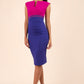Brunette Model wearing sleeveless colour block Nadia dress with exposed zip at the back