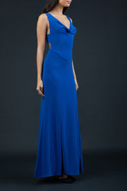 Model wearing Hollywood Full Length Sleeveless Open U-shape Back versatile neckline Dress with x-crossed straps at the back in Cobalt Blue front