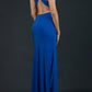 Model wearing Hollywood Full Length Sleeveless Open U-shape Back versatile neckline Dress with x-crossed straps at the back in Cobalt Blue back