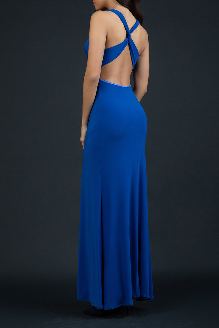 Model wearing Hollywood Full Length Sleeveless Open U-shape Back versatile neckline Dress with x-crossed straps at the back in Cobalt Blue back