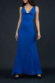 Model wearing Hollywood Full Length Sleeveless Open U-shape Back versatile neckline Dress with x-crossed straps at the back in Cobalt Blue front