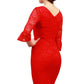 Model wearing the Diva Beatrice lace dress with round neck and pleated cuff in red lace back image
