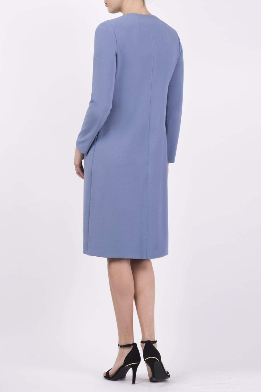 Model wearing the Diva Bliss Coat with round neckline in Stone Blue back image