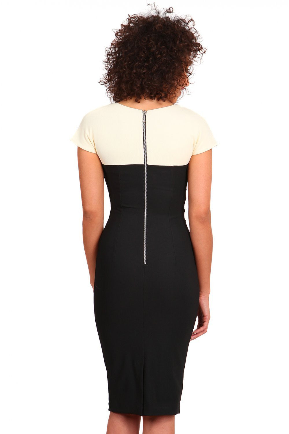 Model wearing the Diva Bryony Contrast dress with contrasting top and exposed zip at the back in black and vanilla cream back image