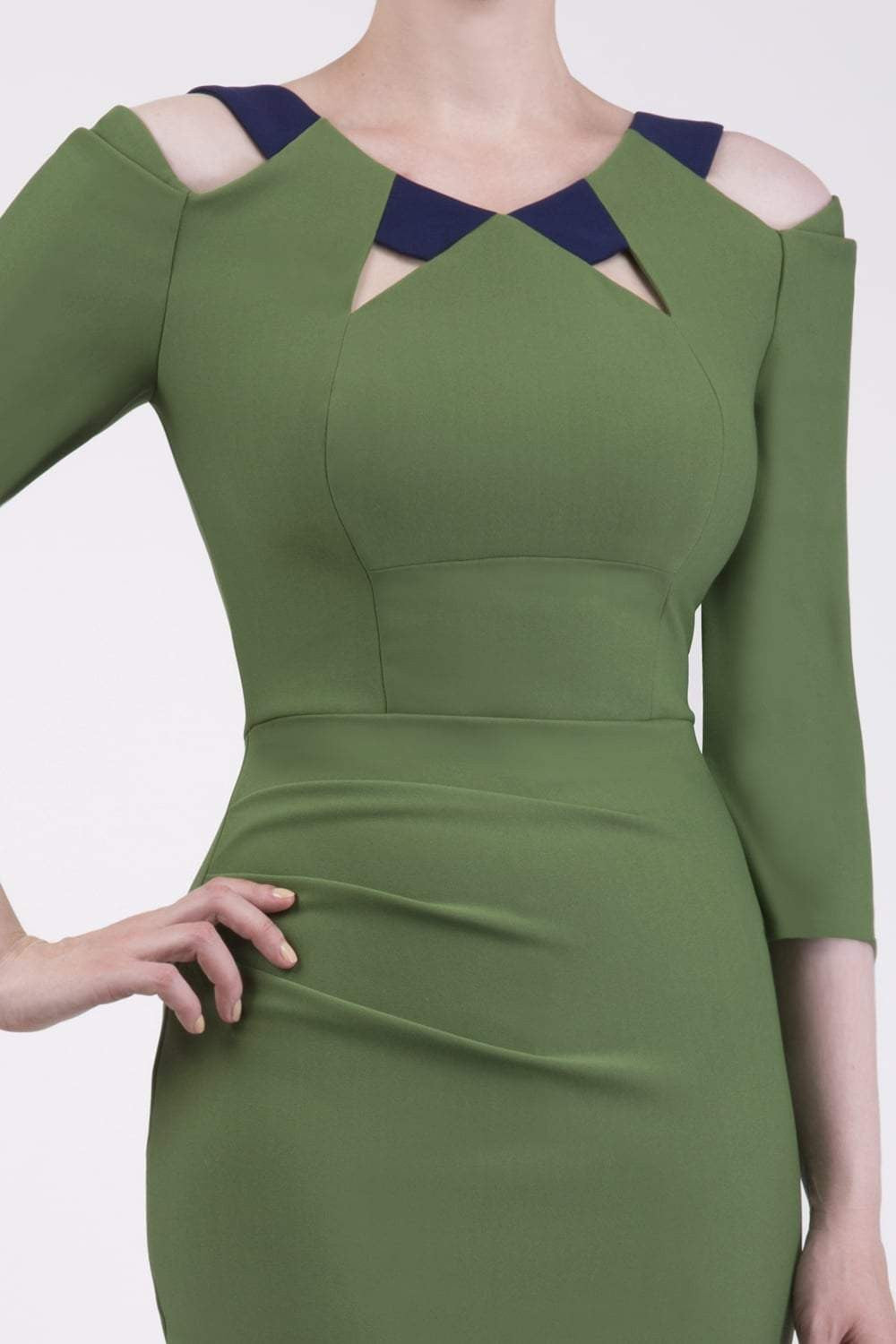 Model wearing the Diva Carolina ¾ sleeve Dress with cut out neckline detail in vineyard green and navy front image