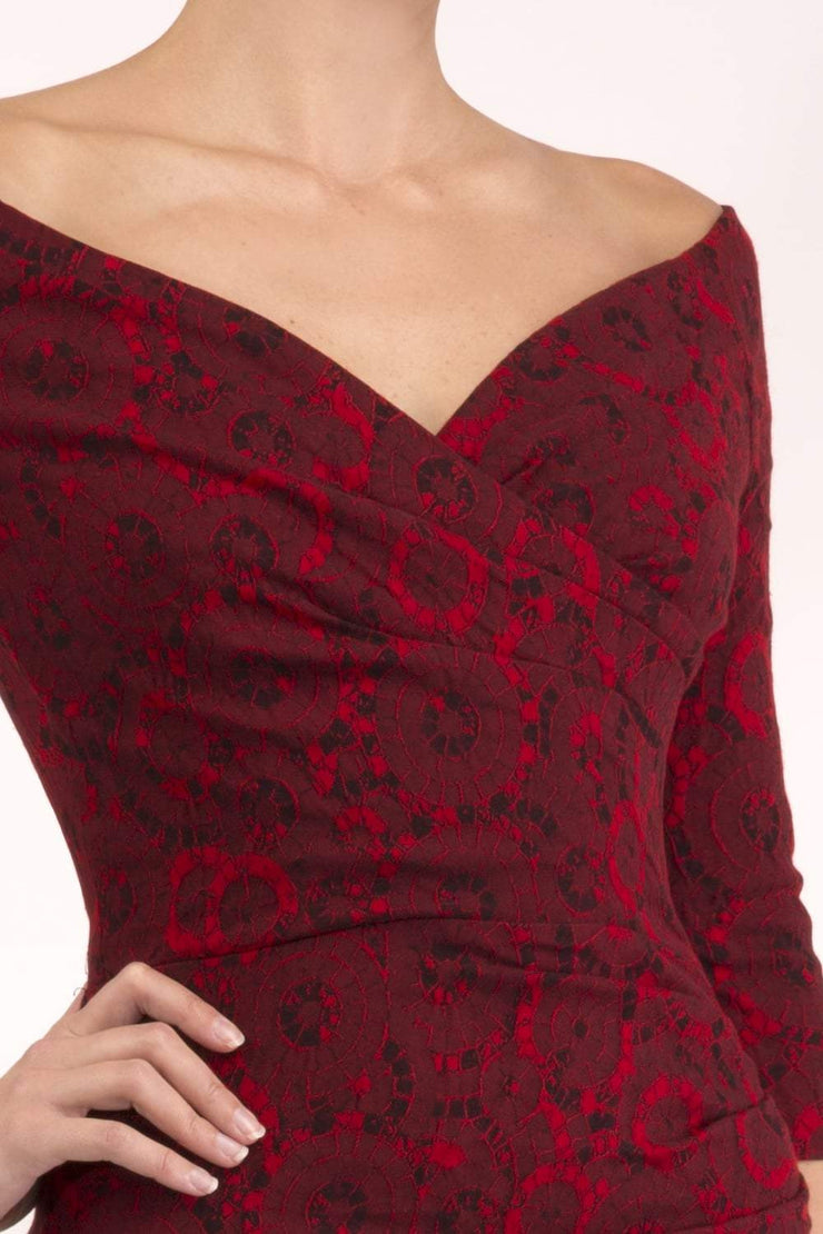 Model wearing the Diva Catherine Jacquard dress with overlapping bodice in circle red front image