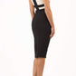 model is wearing duva catwalk banbury sleeveless colour block pencil dress with low v-neck in black and ivory back