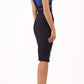 Model wearing the Diva Banbury Colour block dress with bust panels in contrast and pleating across the front in navy blue and cobalt blue front image