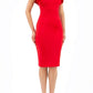 model wearing diva catwalk Bodiam Bodycon Pencil Dress with frill sleeves in knee length and pleating across the tummy in red front