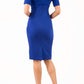 model is wearing diva catwalk camille short sleeve pencil dress with folded rounded neckline in cobalt blue back