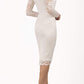 Model wearing the Diva Cherrie Lace Pencil dress with long sleeves and round neck in ivory cream back image