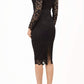 Model wearing the Diva Cherrie Lace Pencil dress with long sleeves and round neck in black back image