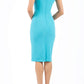 Model wearing the Diva Clara Pencil dress with vertical pleat detailing at bust sleeveless design in celeste blue back image