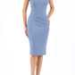 Model wearing the Diva Clara Pencil dress with vertical pleat detailing at bust sleeveless design in stone blue front image