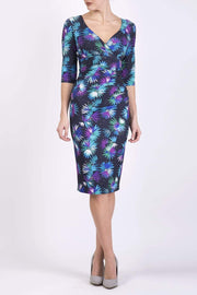 Model wearing the Diva Cynthia Floral Print dress with pleating across the front in Floral splash print front image