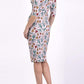Model wearing the Diva Cynthia Floral Print dress with pleating across the front in linear tulip print back image
