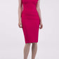 Model wearing the Diva Daphne Pencil with split neckline, sleeveless in yarrow pink front image 