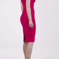 model wearing diva catwalk daphne sleeveless pink pencil dress with rounded neckline with split in the middle in side