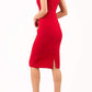 Model wearing the Diva Demelza Lace Pencil dress with lace stretch detailing and round neckline in passion red back image